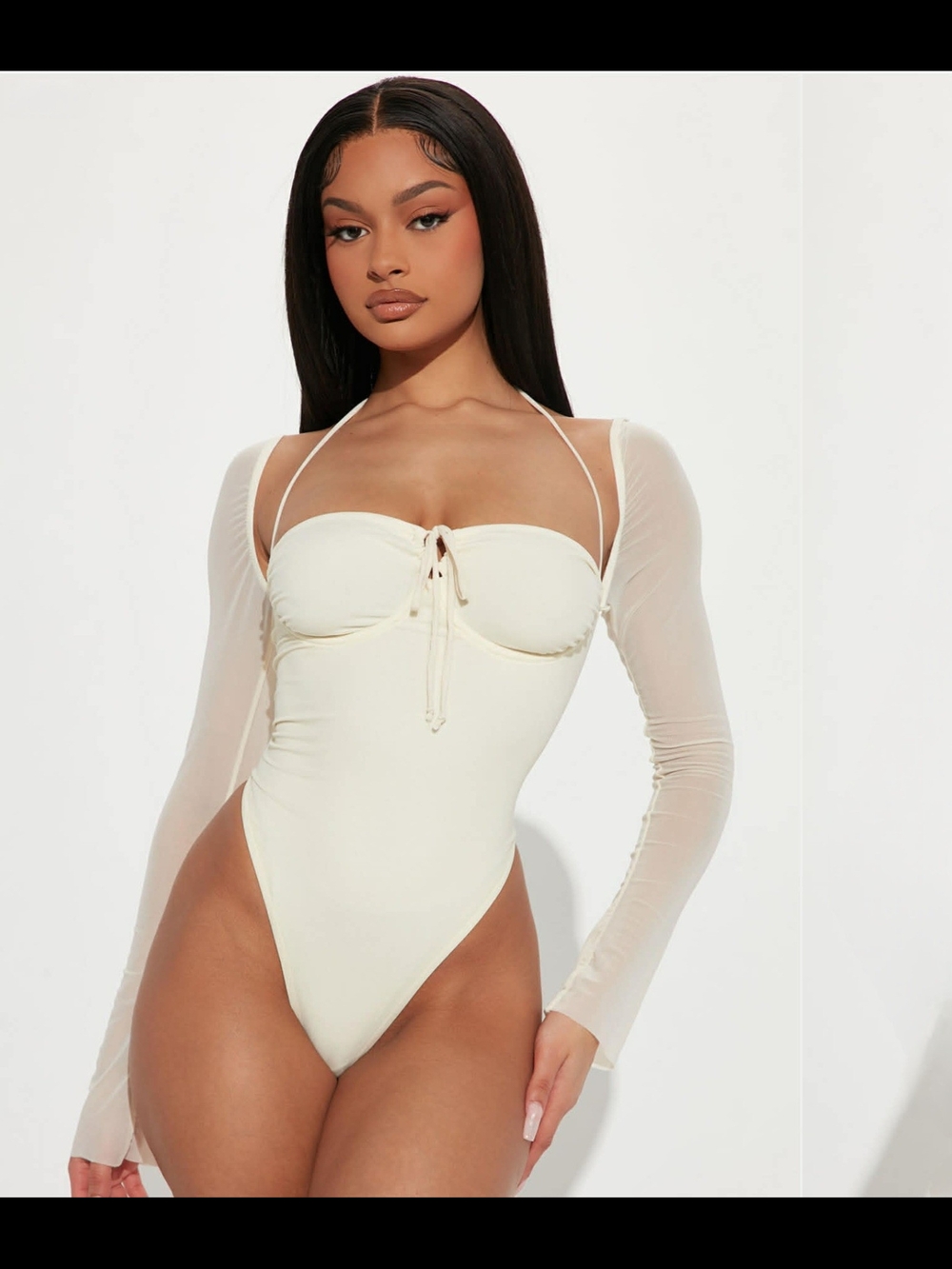 Fashion Nova Cream Long Sleeve Mesh Bodysuit